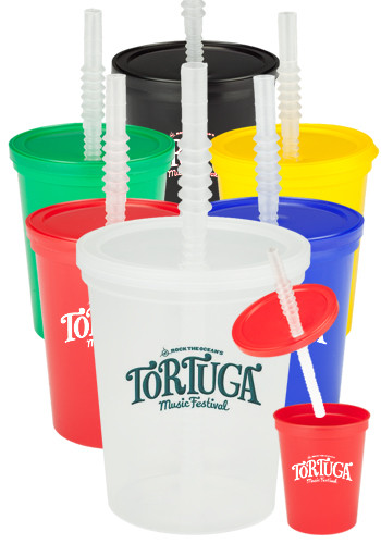 Picture of 16 Oz. Plastic Stadium Cups with Lid and Straw