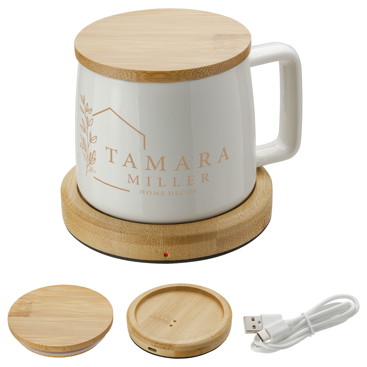 Picture of Bamboo Mug Warmer with 8 oz Ceramic Mug