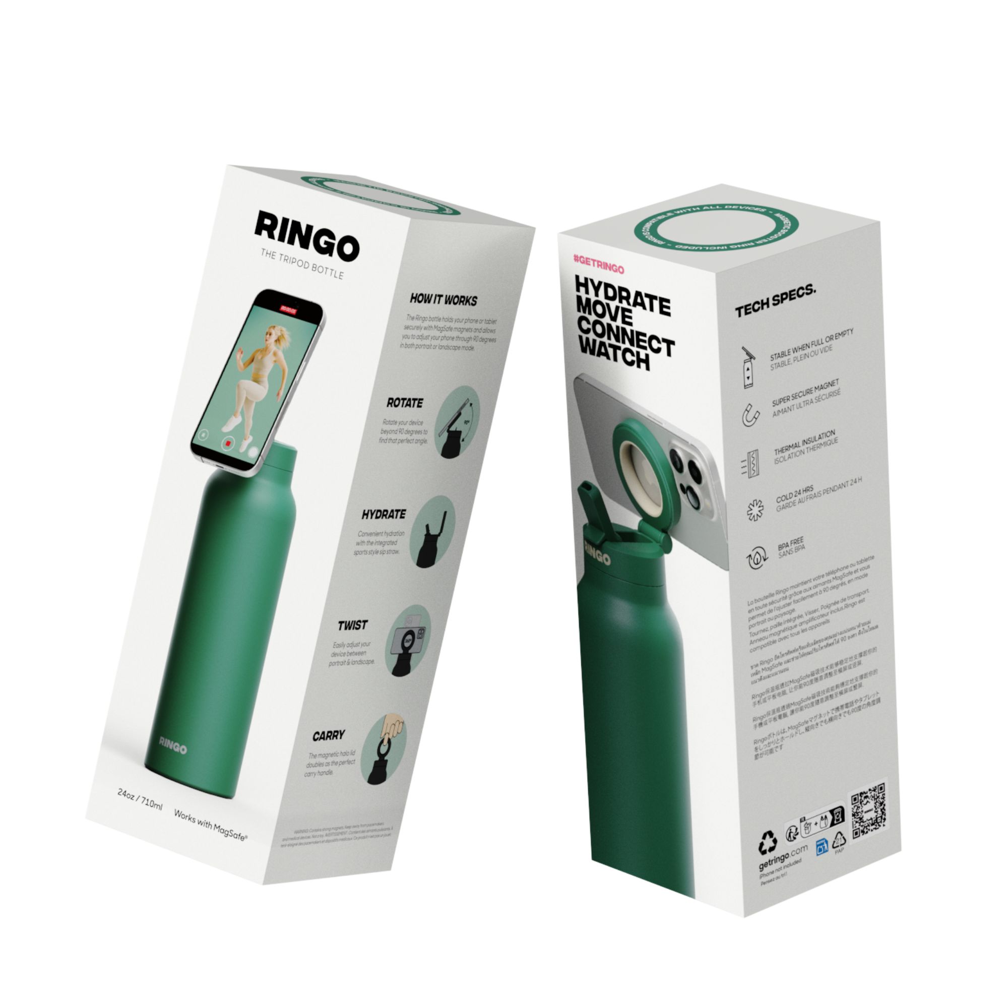 Picture of RINGO Pro Water Bottle with Magnetic Booster Ring - 24 Oz. - Green