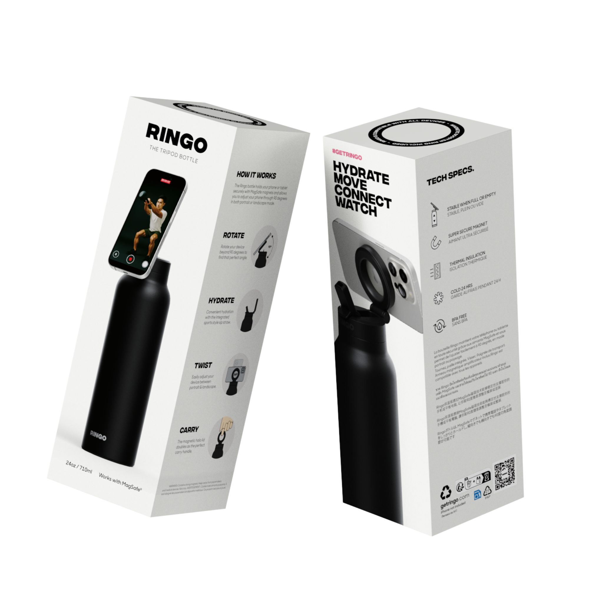 Picture of RINGO Pro Water Bottle with Magnetic Booster Ring - 24 Oz. - Black