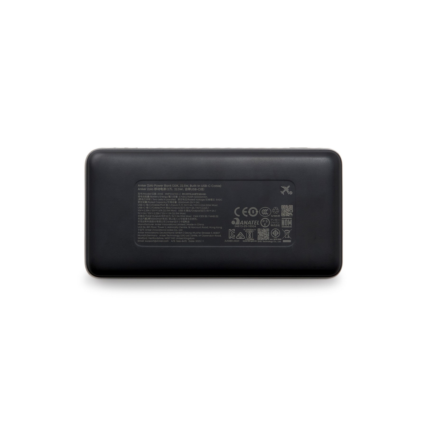 Picture of Anker Zolo Power Bank (20K, 22.5W, Built-In USB-C Cable) - Black