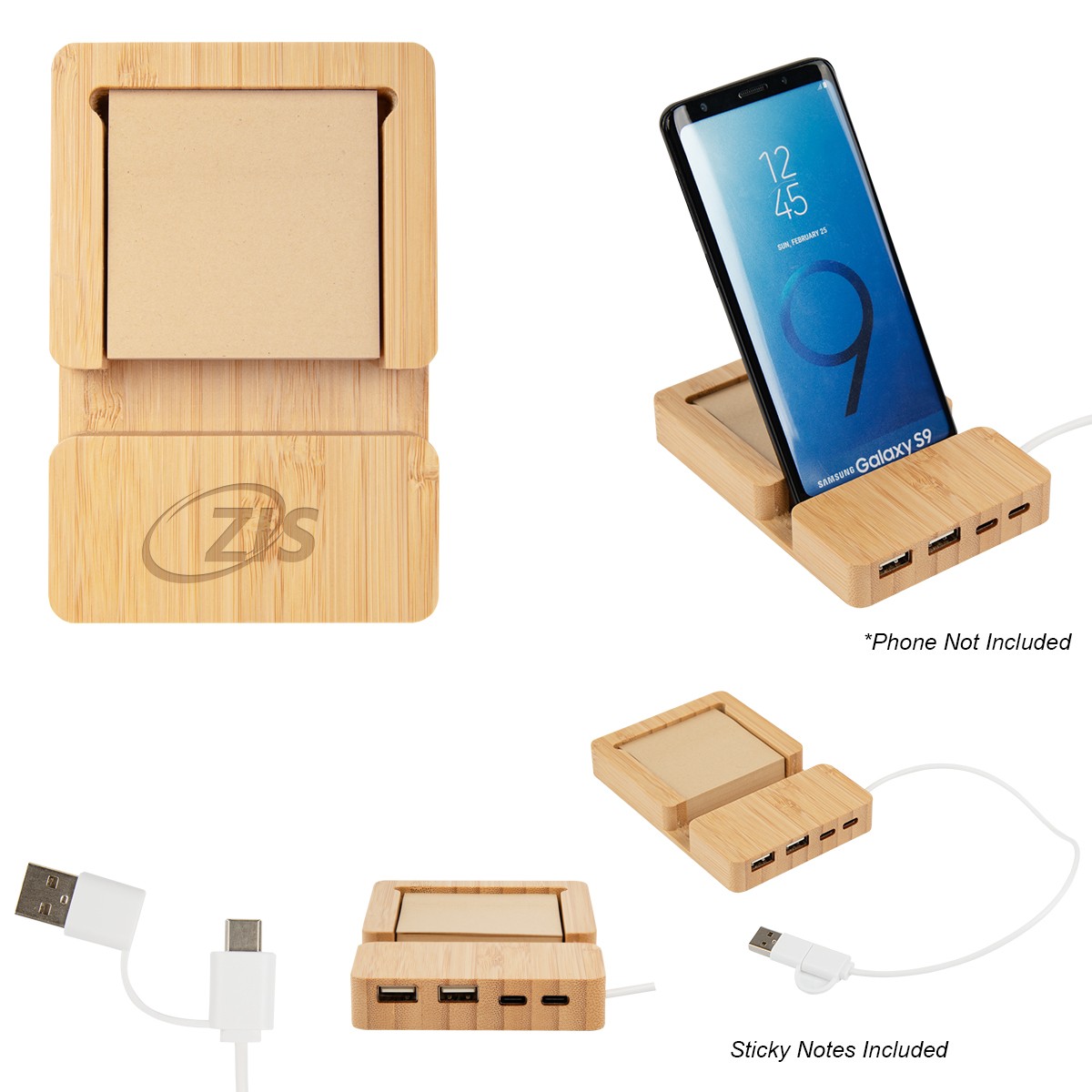 Picture of Bamboo Multi-port Hub With Phone Holder & Sticky Notes