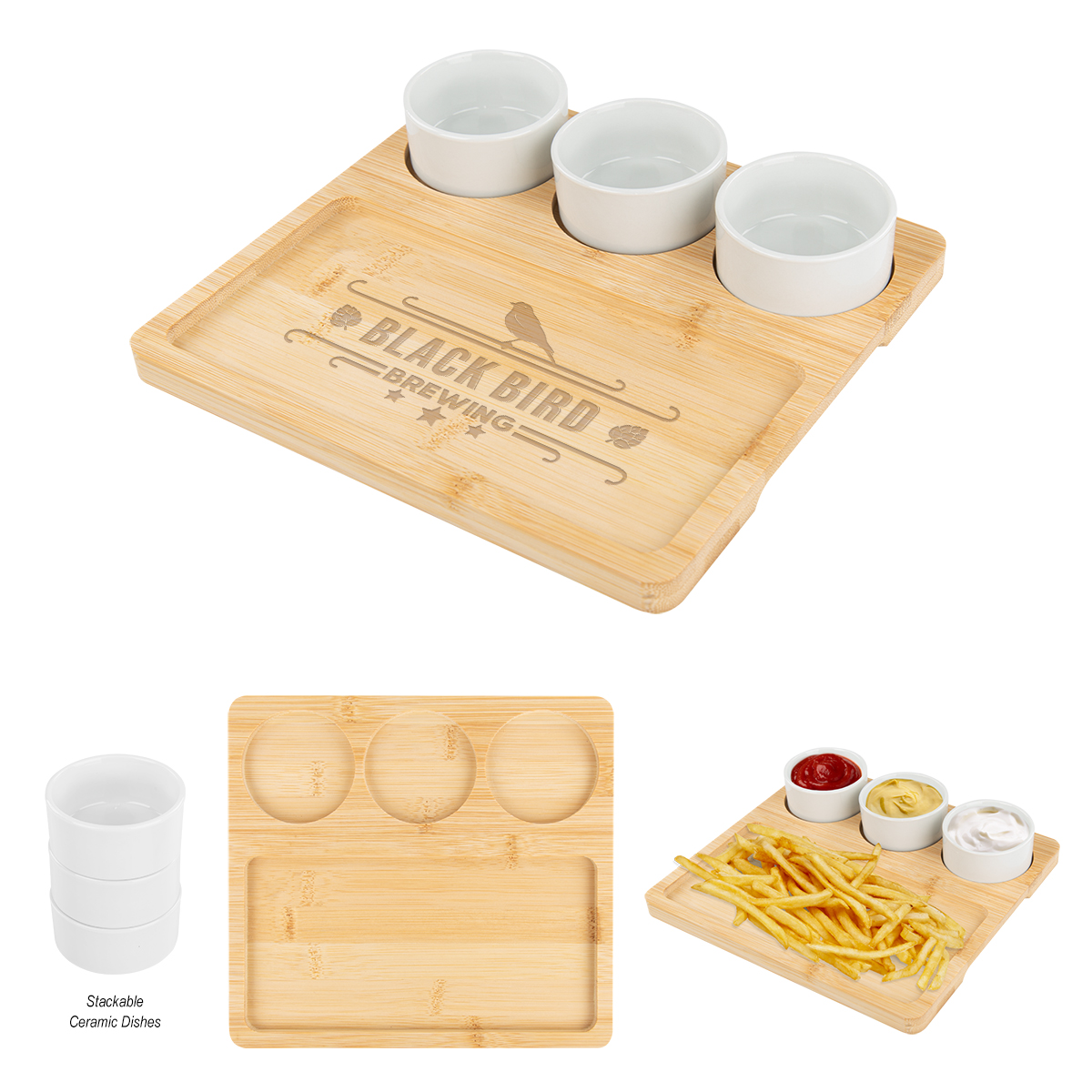 Picture of Bamboo Serving Tray With Ceramic Bowls