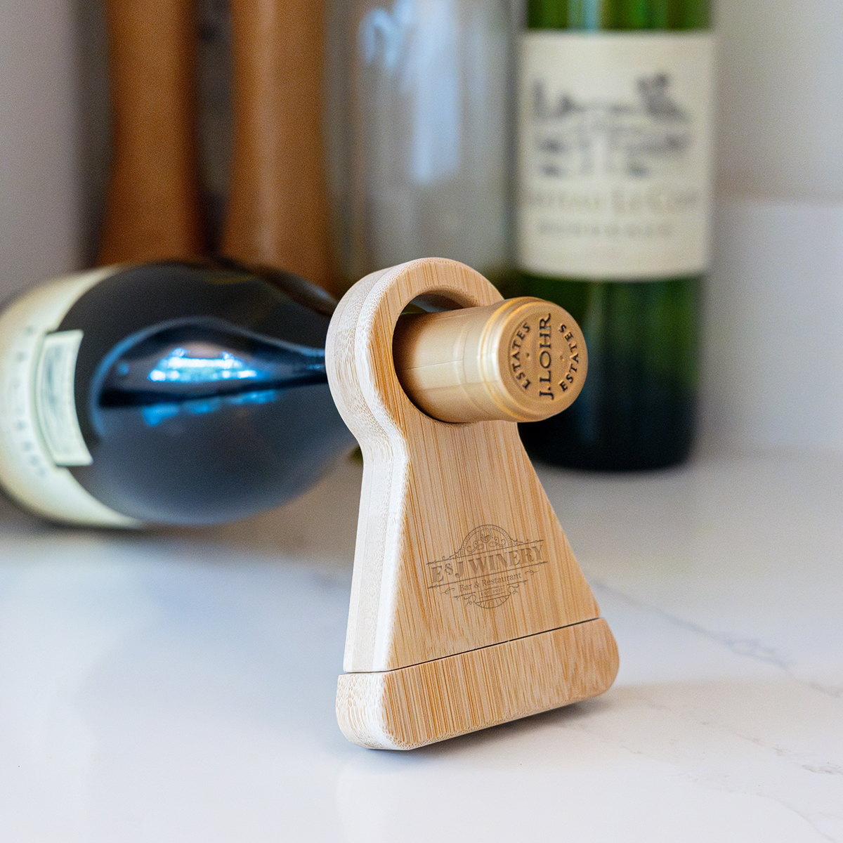 Picture of Bamboo Wine Bottle Stand With Corkscrew