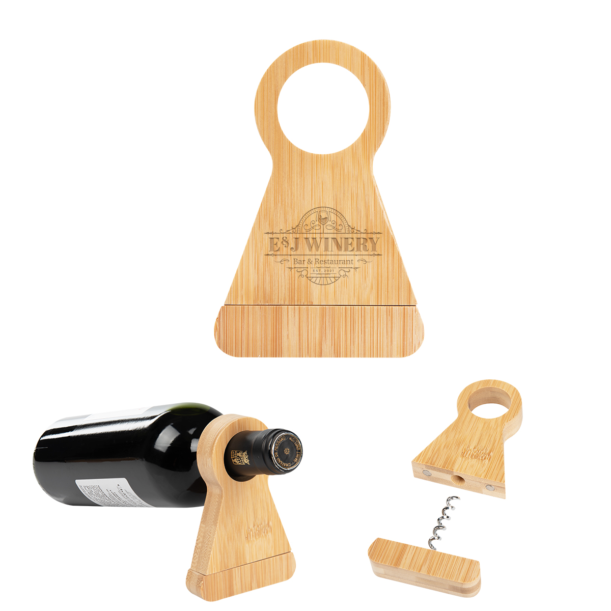 Picture of Bamboo Wine Bottle Stand With Corkscrew