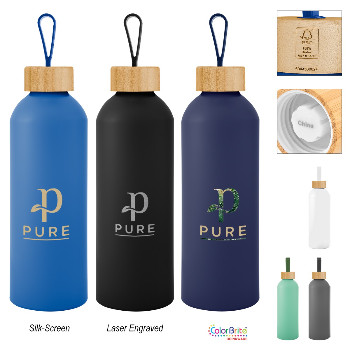 Picture of 25 Oz. Blaire Recycled Aluminum Bottle With Bamboo Lid And Carry Handle