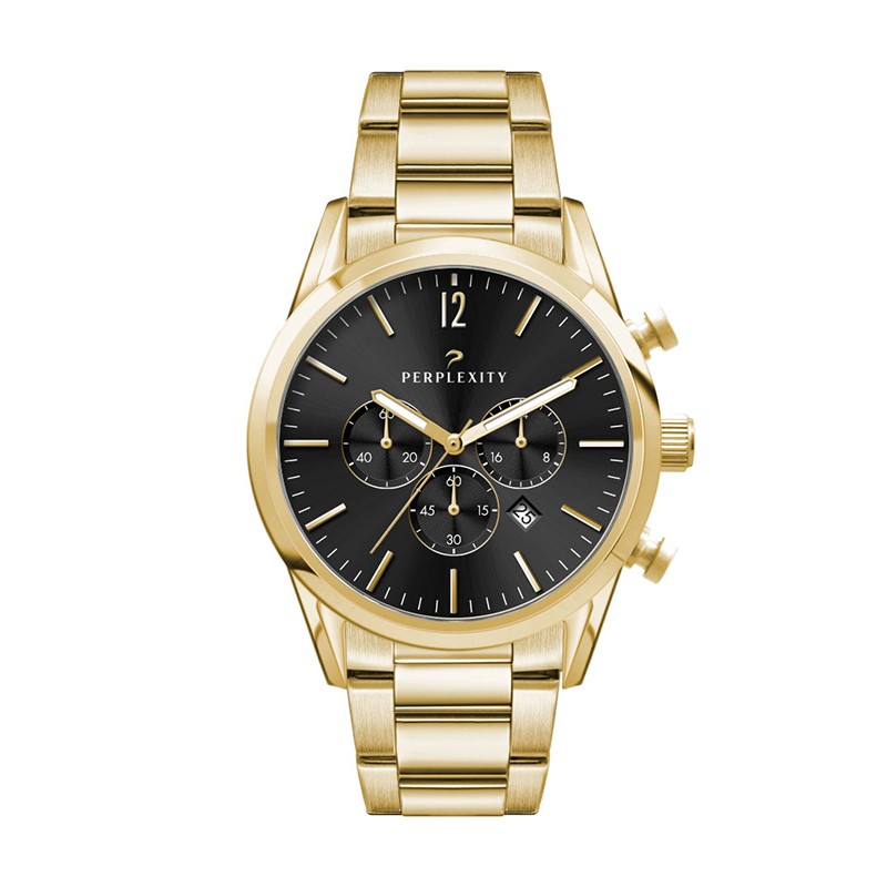 Picture of Watch Creations 42MM, 3 HAND, GOLD PLATED STEEL CASE, SUNRAY BLACK DIAL, GOLD PLATED WRAPPED EDGE ST