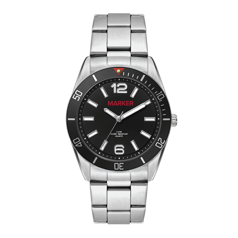 Picture of Wc5187 22mm Metal Matte Silver Case, 3 Hand Mvmt, Black Dial, Bk Rotating Bezel, Silver Bracelet, Fl