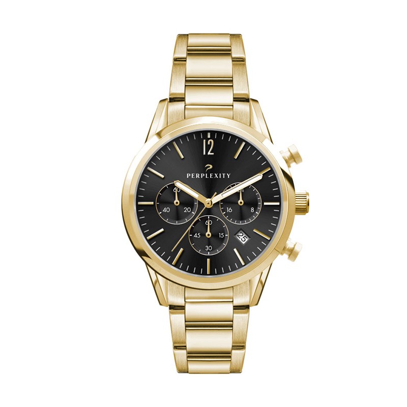 Picture of Watch Creations 34MM, 3 HAND, GOLD PLATED STEEL CASE, SUNRAY BLACK DIAL, GOLD PLATED WRAPPED EDGE ST