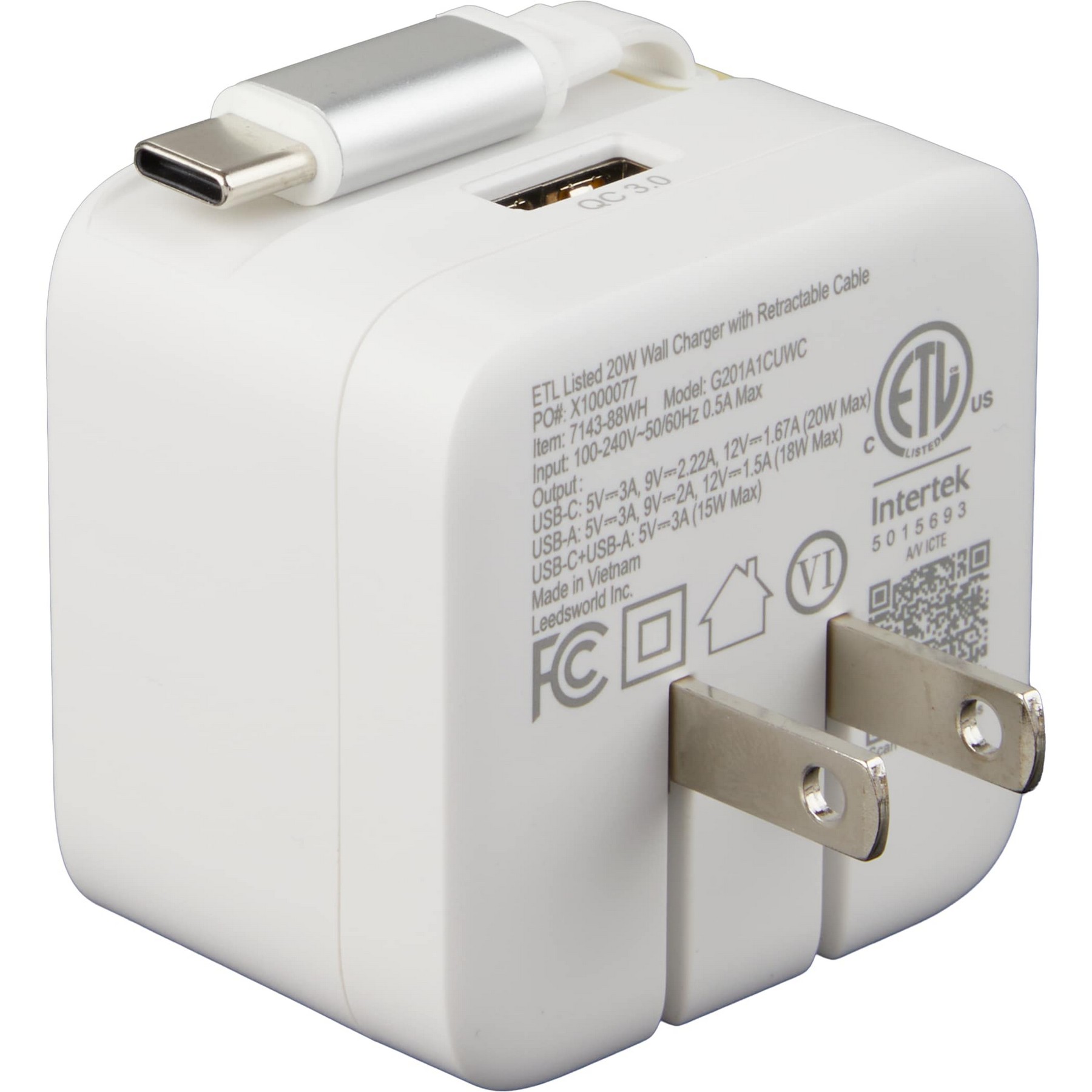 Picture of ETL Listed 20W Wall Charger with Retractable Cable