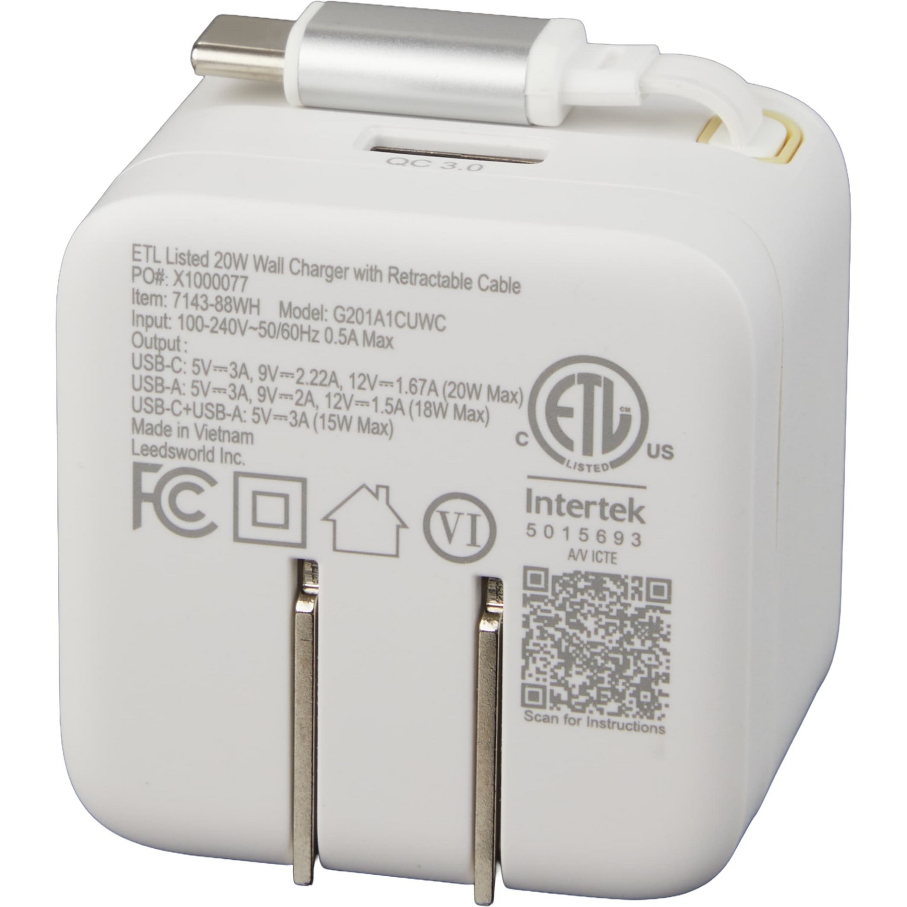 Picture of ETL Listed 20W Wall Charger with Retractable Cable