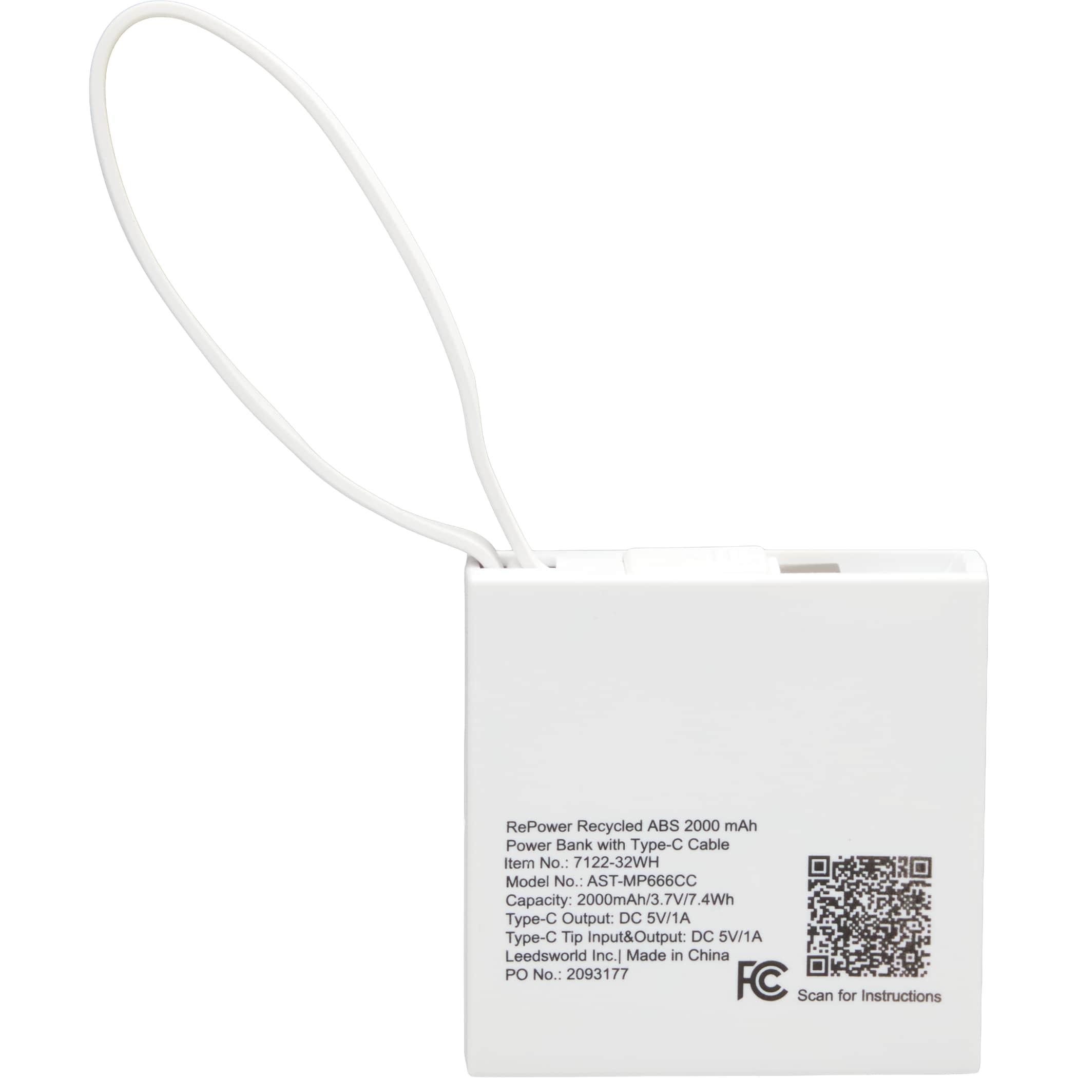 Picture of Recycled ABS 2000 mAh Power Bank with Type-C Cable