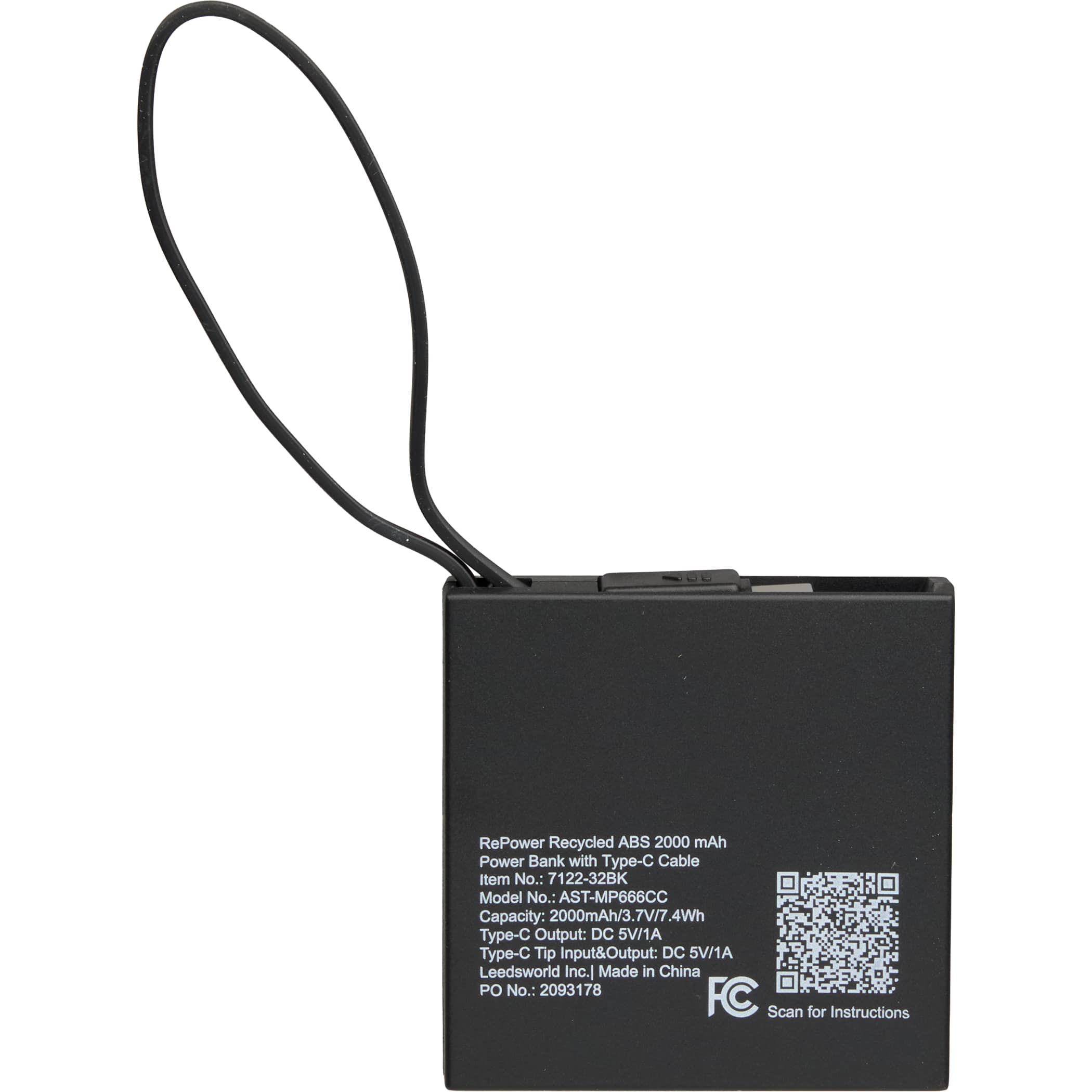 Picture of Recycled ABS 2000 mAh Power Bank with Type-C Cable