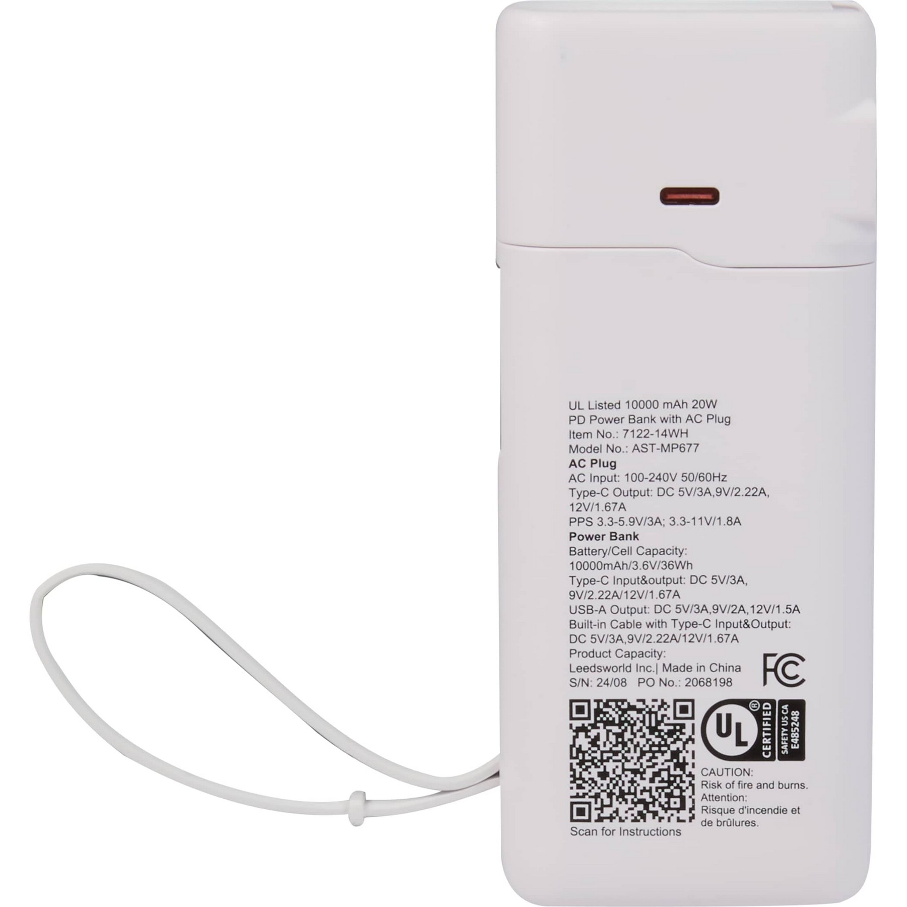Picture of UL Listed 10,000 mAh 20W PD Power Bank with AC Plug