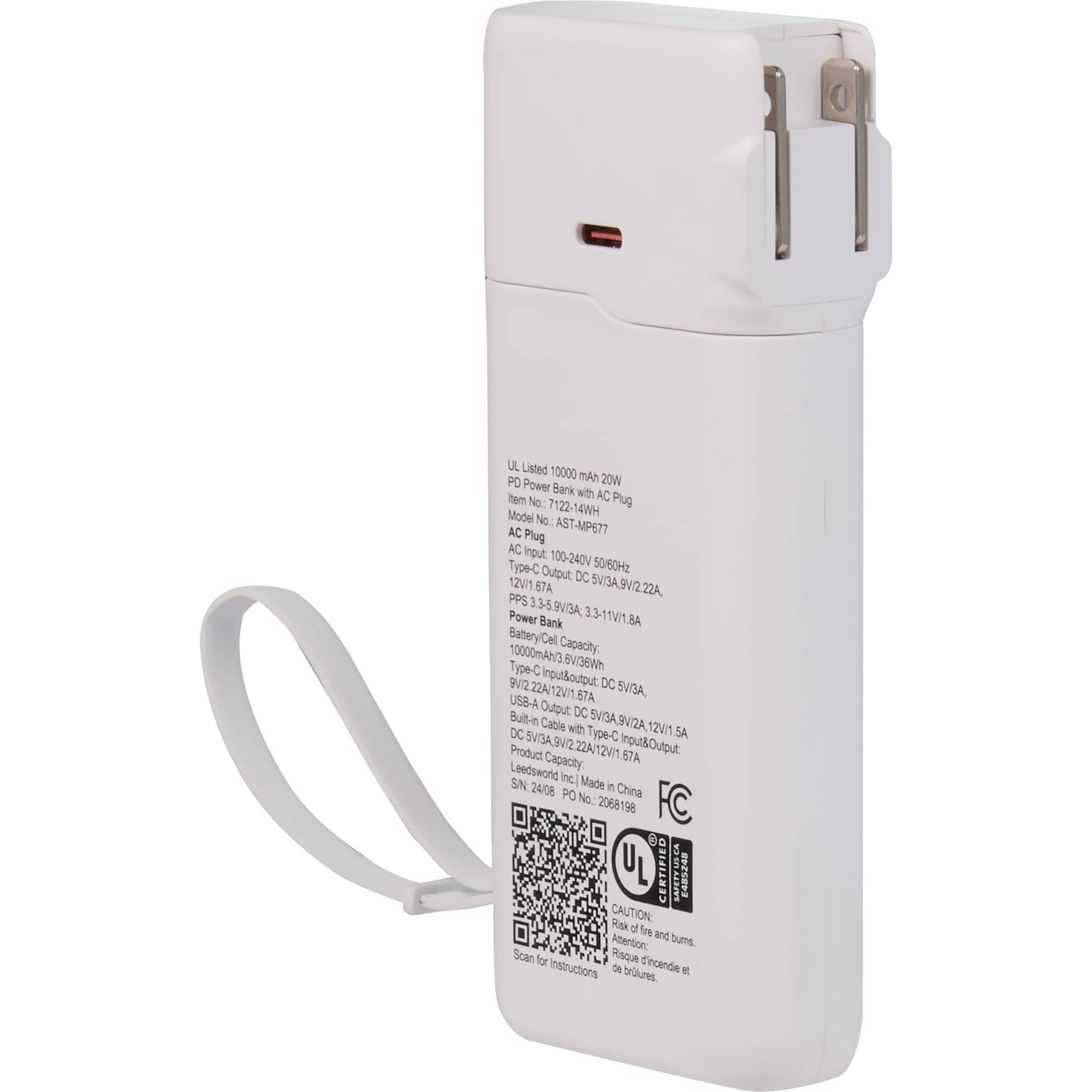 Picture of UL Listed 10,000 mAh 20W PD Power Bank with AC Plug