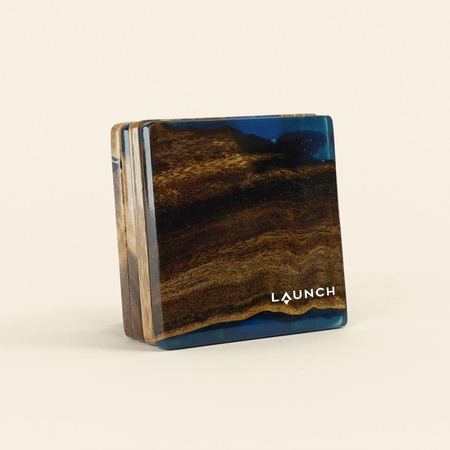Picture of Acacia Coaster Set - 4" w/ Resin & Imprint - Translucent Blue