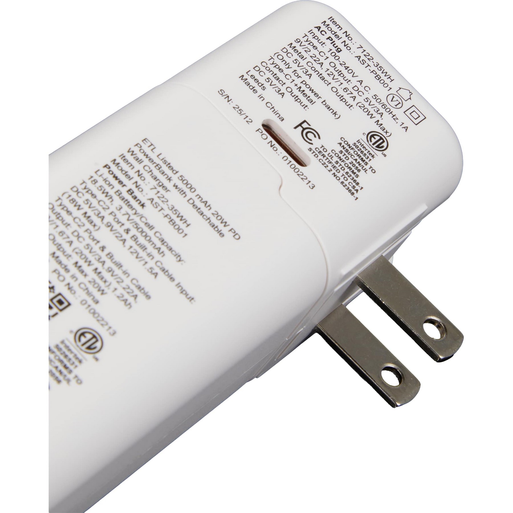 Picture of ETL Listed 5000 mAh 20W PD Power Bank with AC Plug