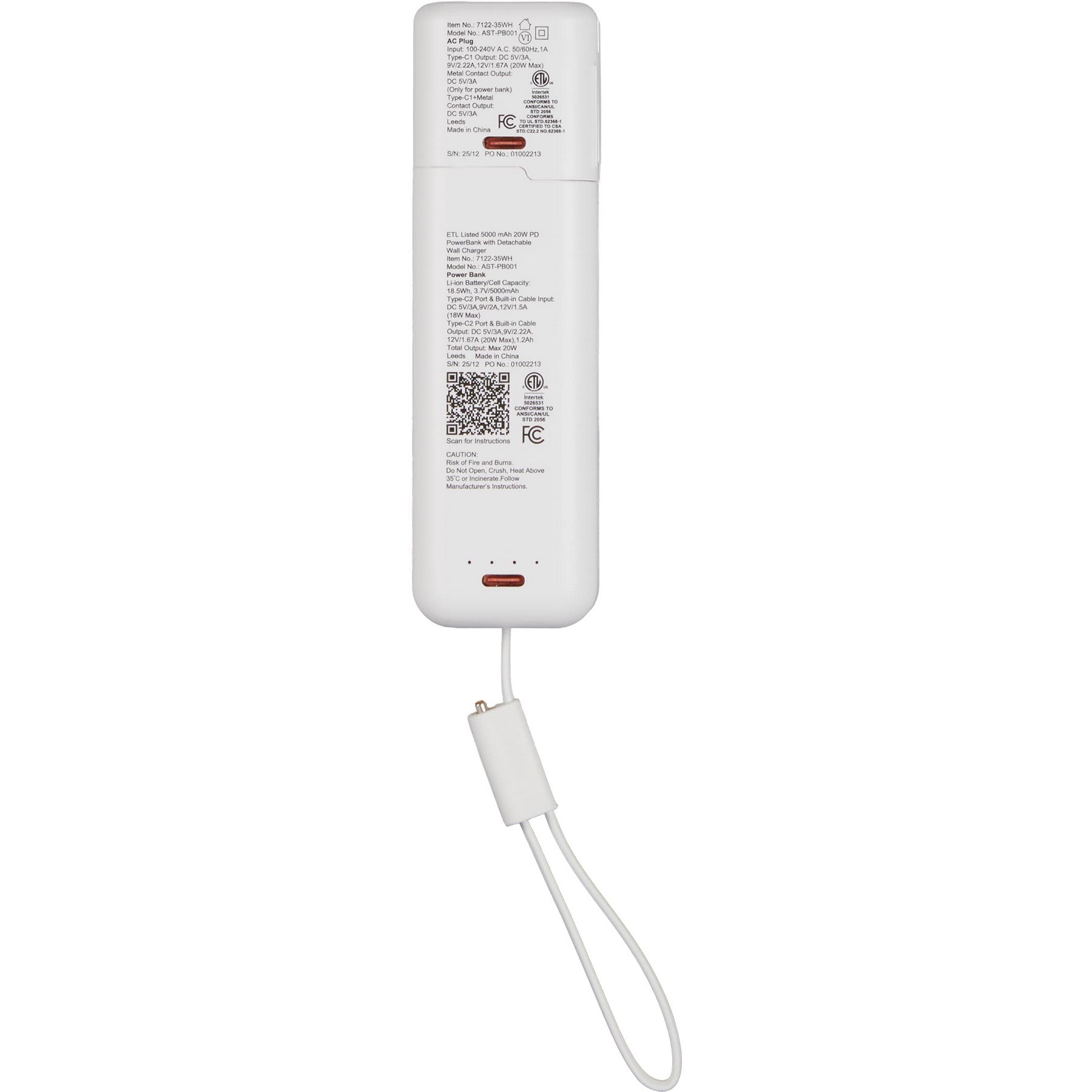 Picture of ETL Listed 5000 mAh 20W PD Power Bank with AC Plug