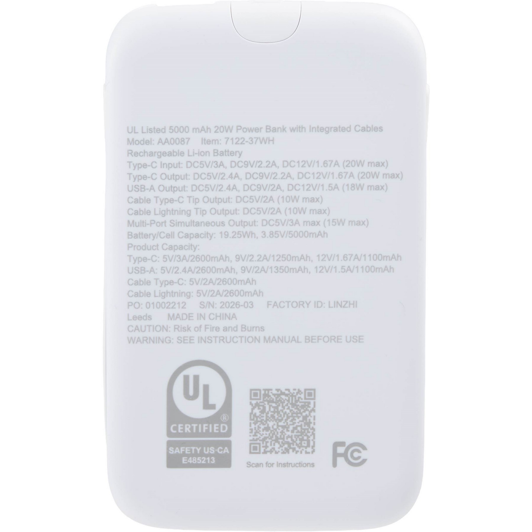 Picture of UL Listed 5000 20W Power Bank with Integrated Cabl
