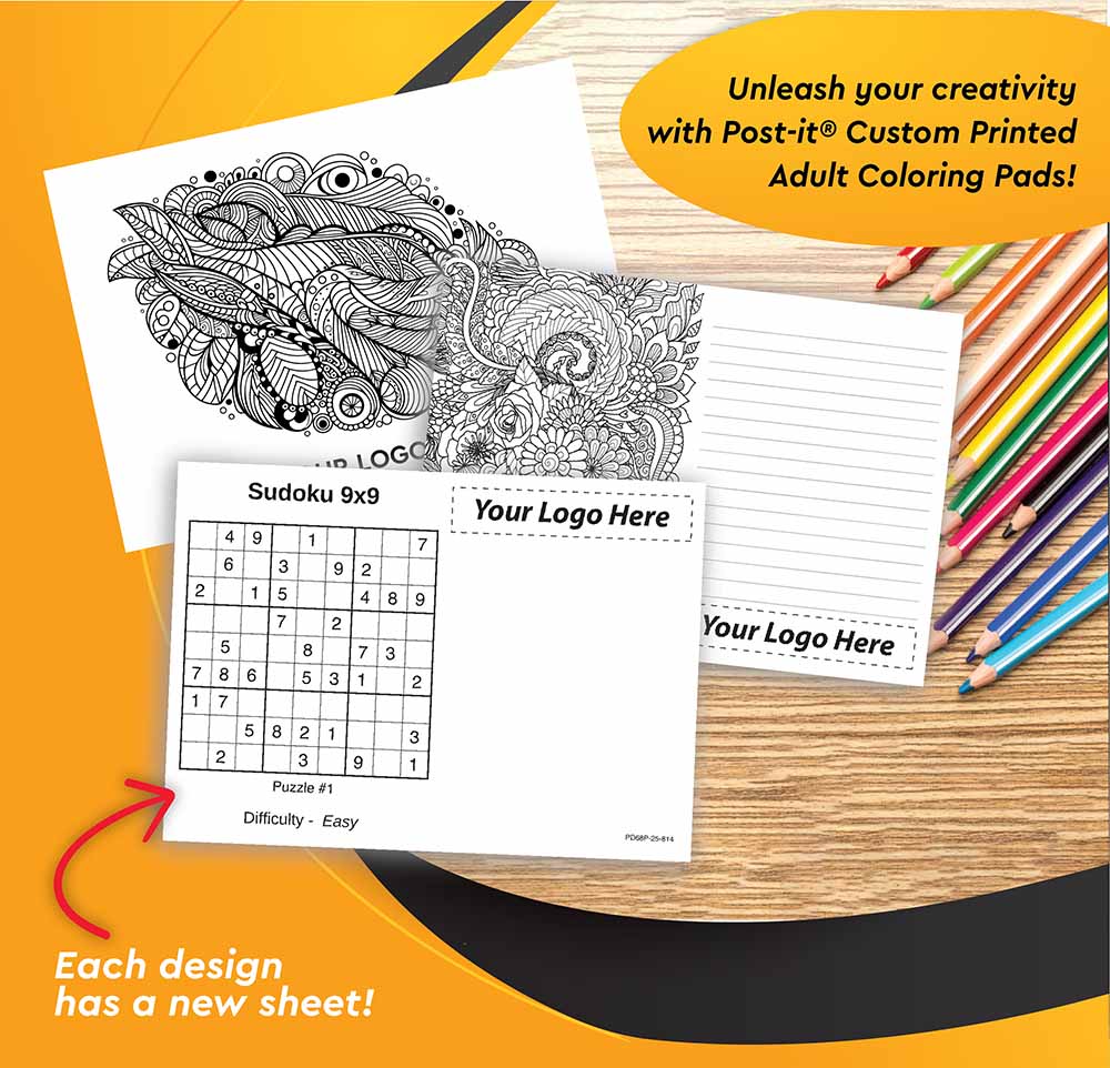 Picture of Custom Printed Post-it® Coloring Pad Notes (6"x8") 25 Sheets/ 4 Color Dynamic Variable