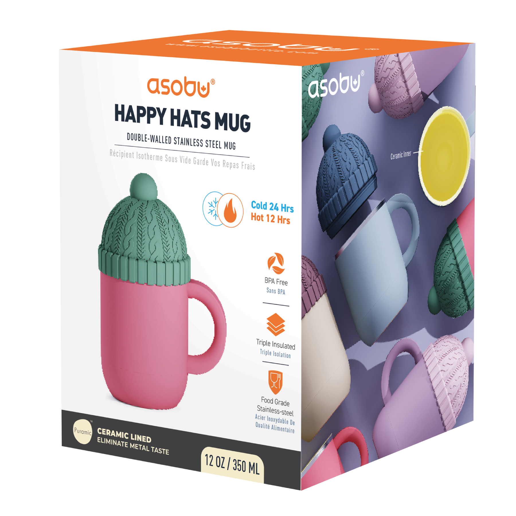 Picture of 12 oz Insulated Mug with Ceramic Coated Interior - Asobu Happy Hats Beanie