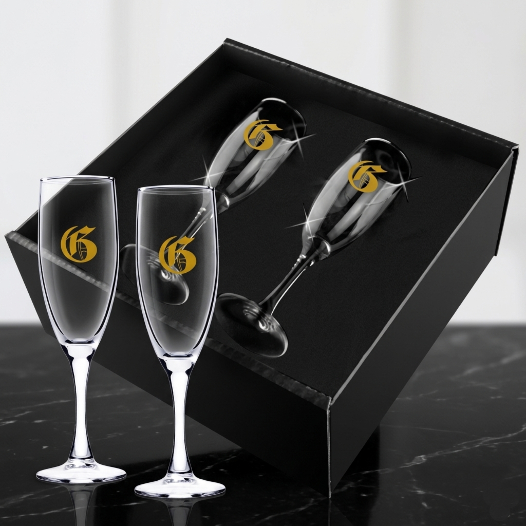Picture of 5.75 oz Screen Printed Champagne Glass With Tapered Stem in Bellagio Box (2-Piece Set)