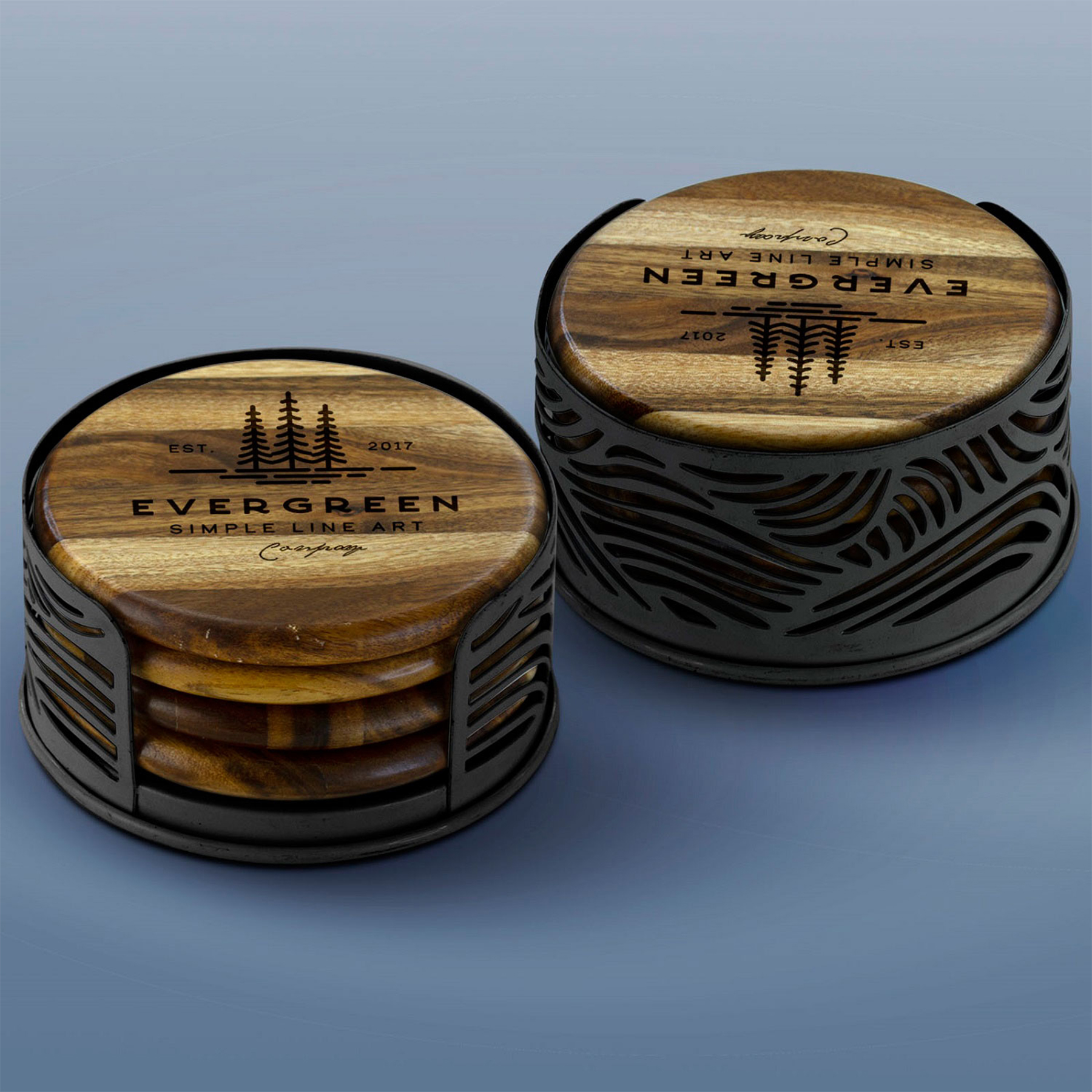Picture of 4 Acacia Wood Round Coaster Set with Black Metal Stand