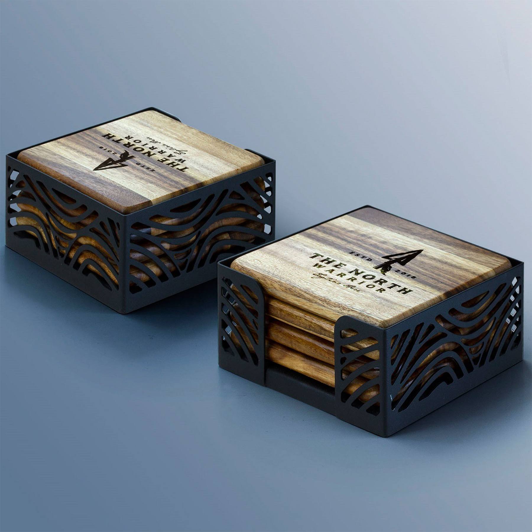 Picture of 4 Pc. Acacia Wood Square Coaster Set with Black Metal Stand