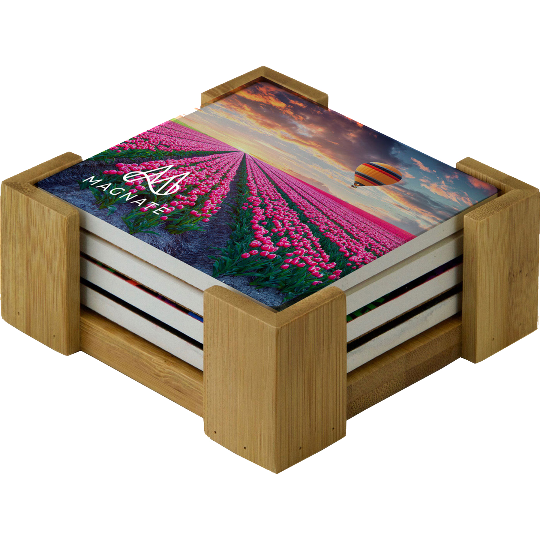 Picture of Square Ceramic Coaster: 4 Pc Set with Wood Stand