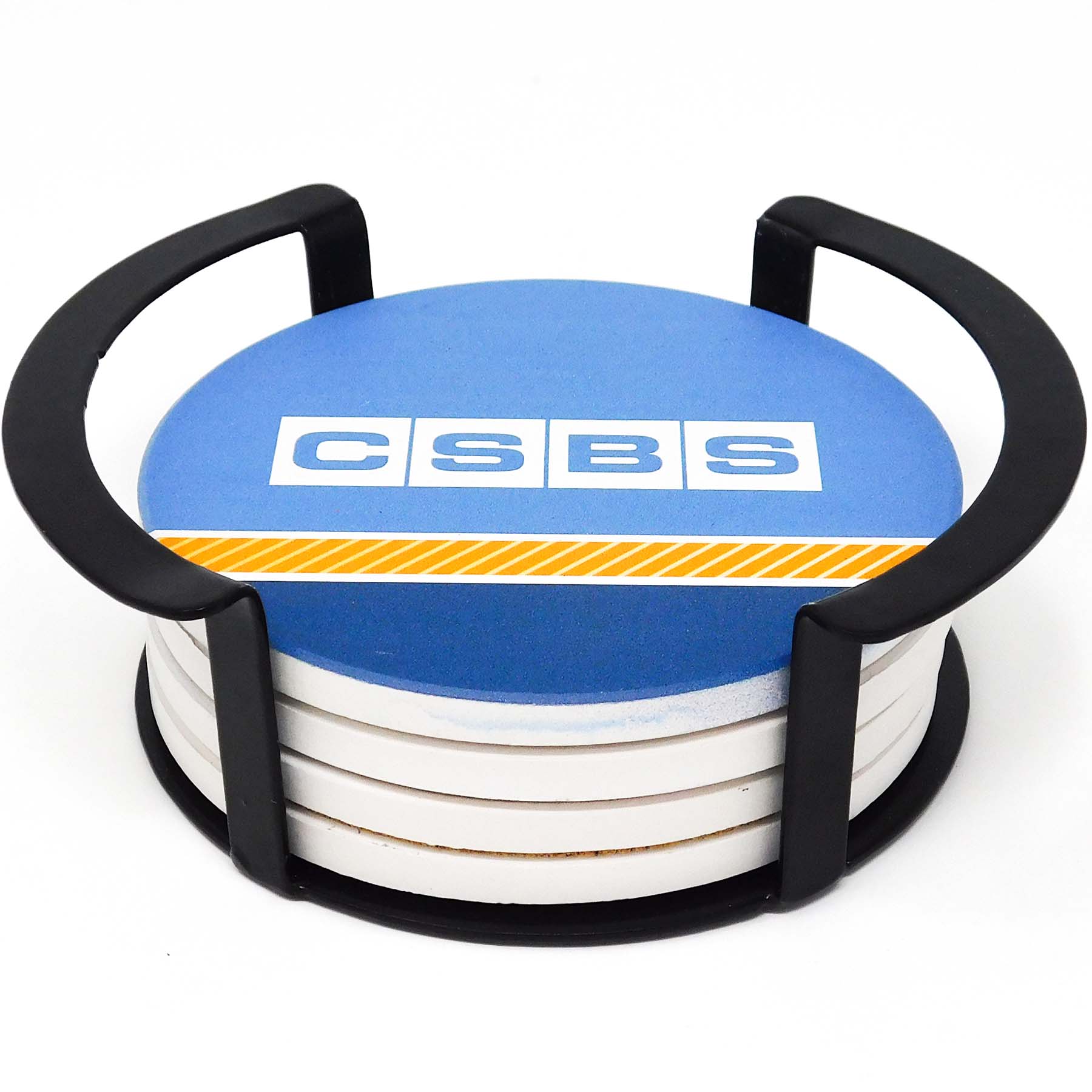 Picture of 4 Pc. Round Ceramic Coaster Set In Black Metal Stand