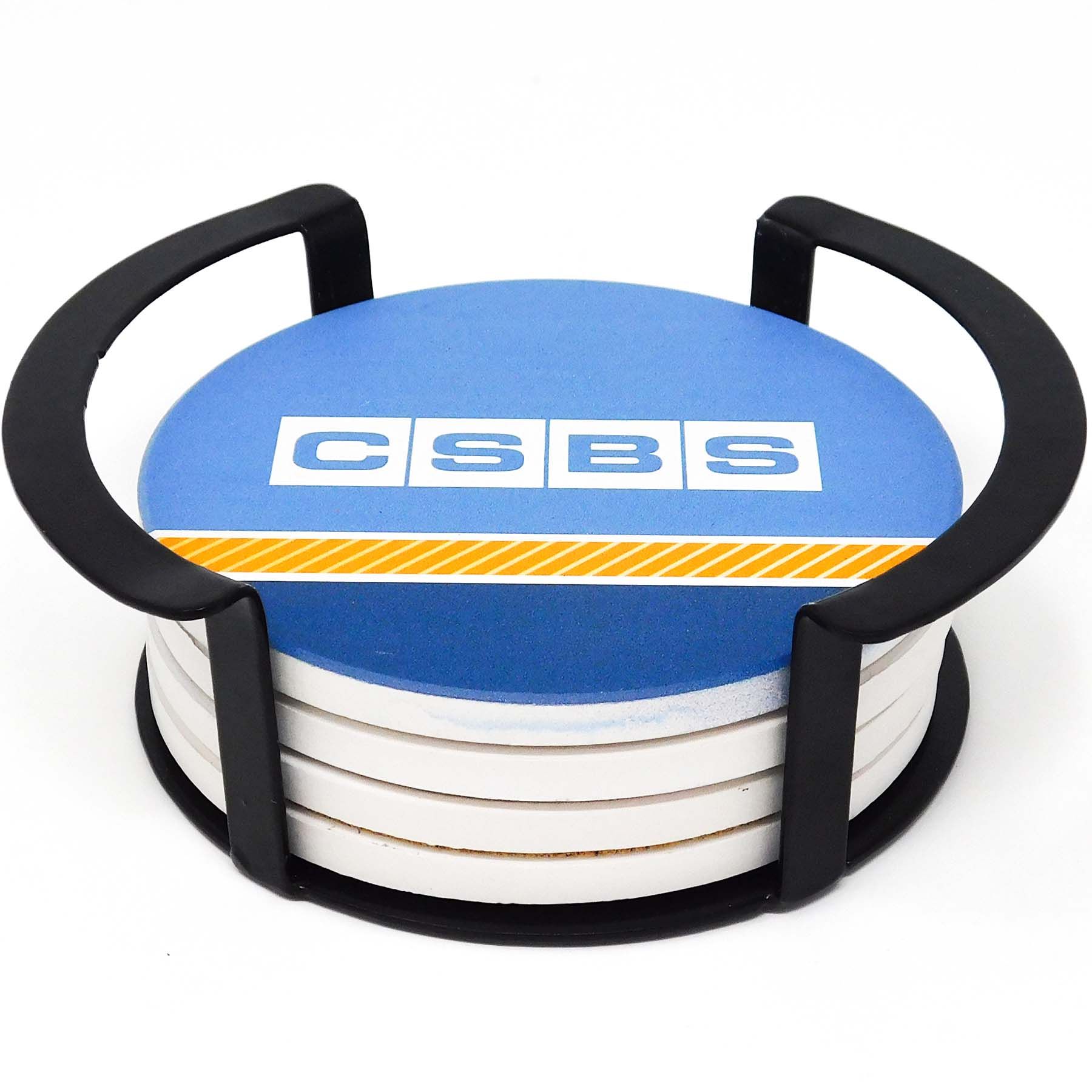 Picture of 4 Pc. Round Ceramic Coaster Set In Black Metal Stand
