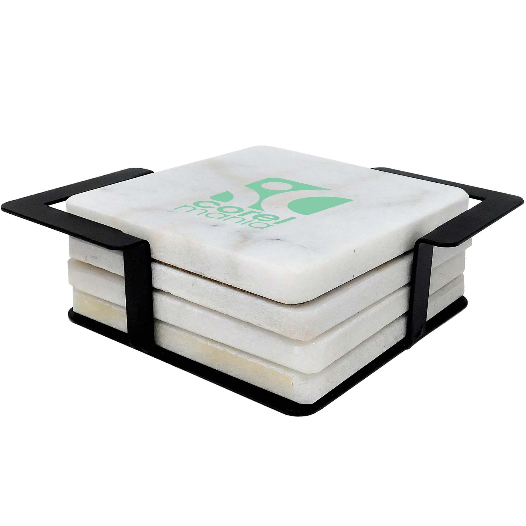 Picture of 4 Pc. Square White Marble Coaster Set With Black Metal Stand