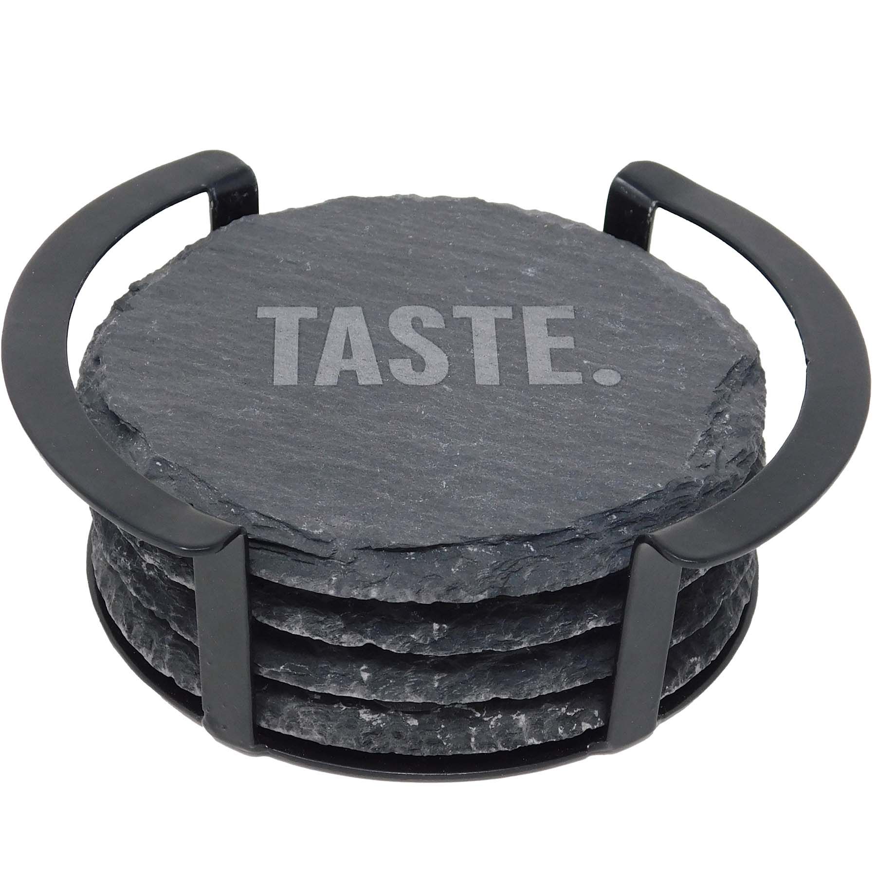 Picture of 4 Pc. Round Slate Coaster Set with Black Metal Stand