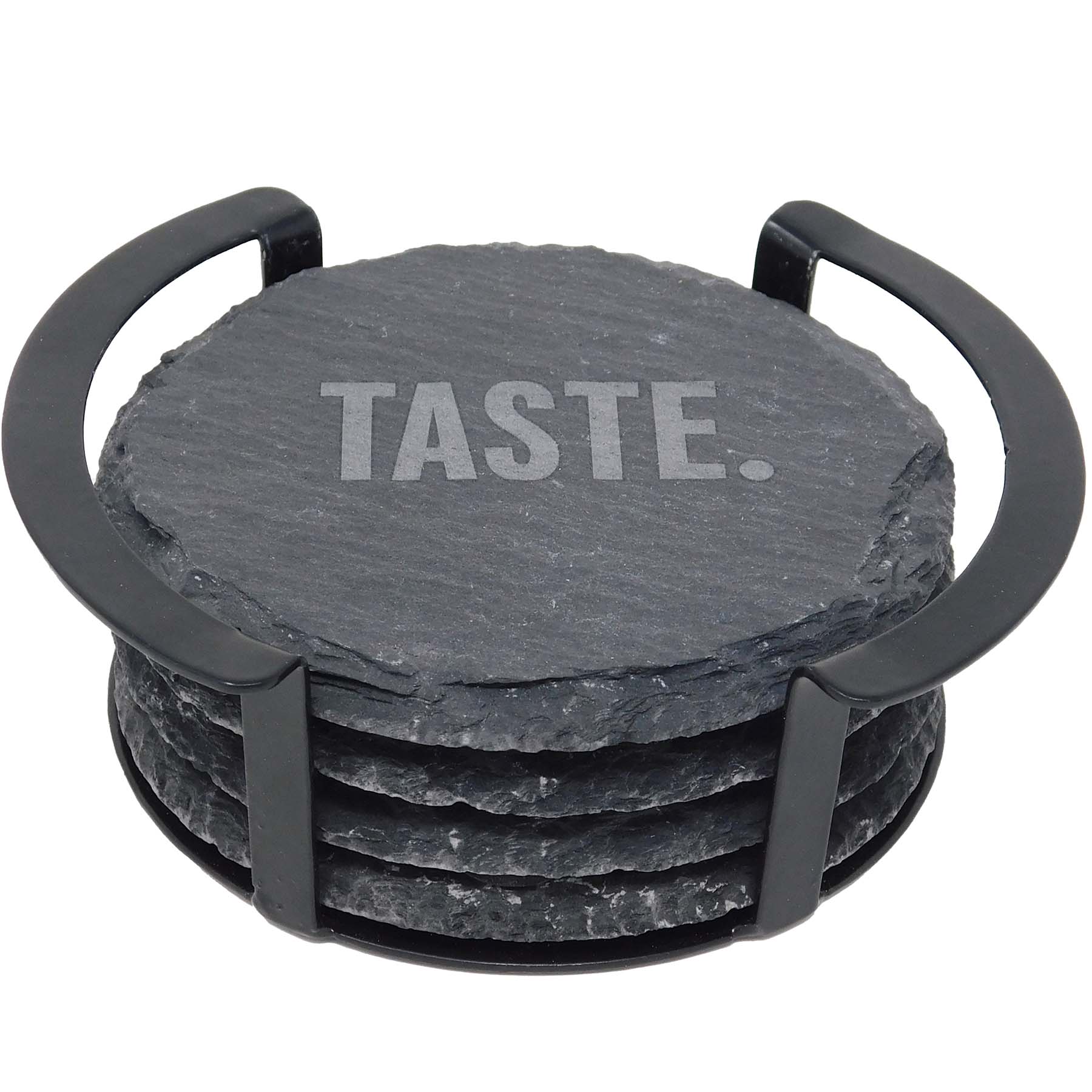 Picture of 4 Pc. Round Slate Coaster Set with Black Metal Stand