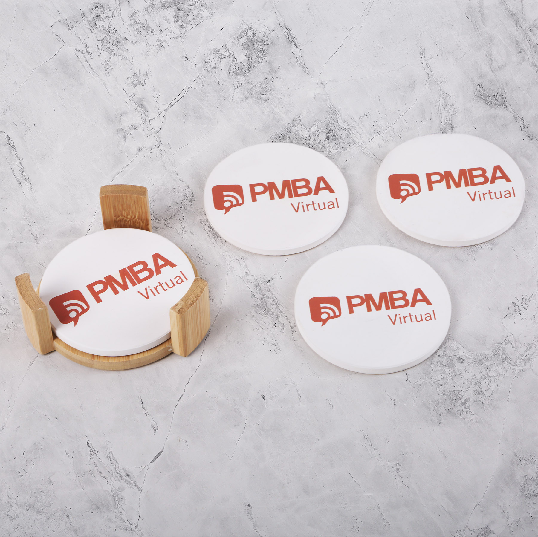 Picture of Round Ceramic Coaster: 4 Pc Set with Wood Stand