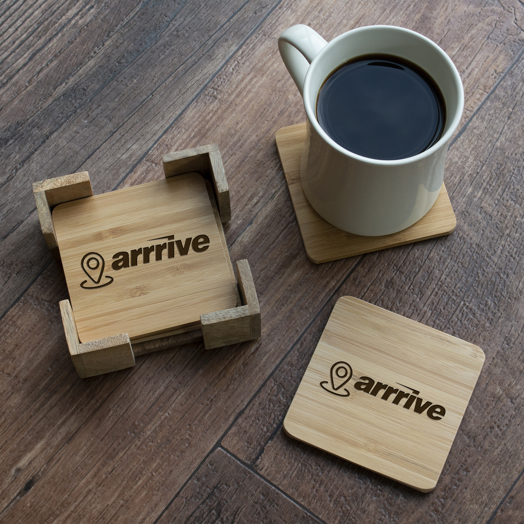 Picture of 4 Pc. Square Bamboo Coaster Set with Stand: 4 piece Square