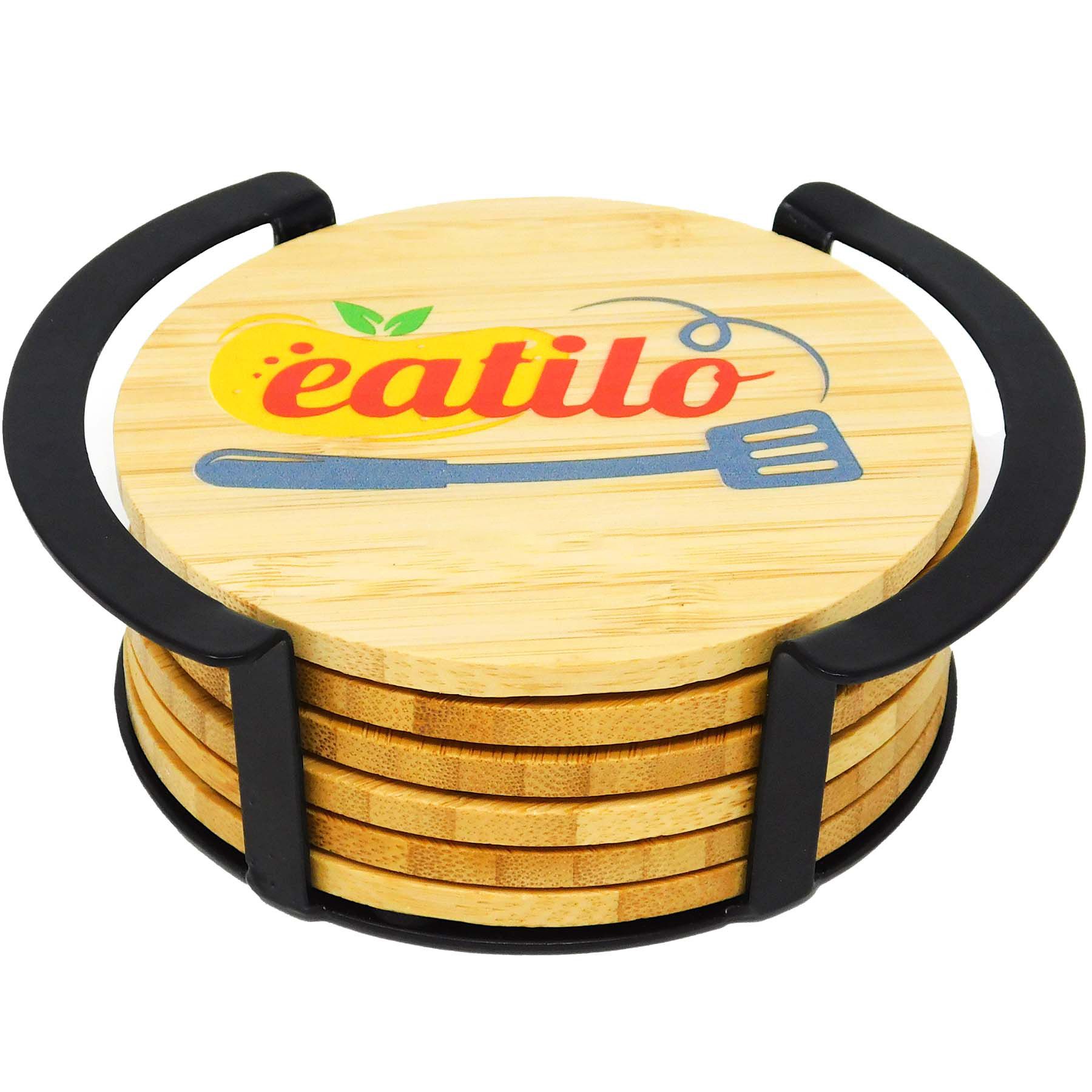 Picture of 6 Pc. Round Bamboo Coaster Set with Black Metal Stand