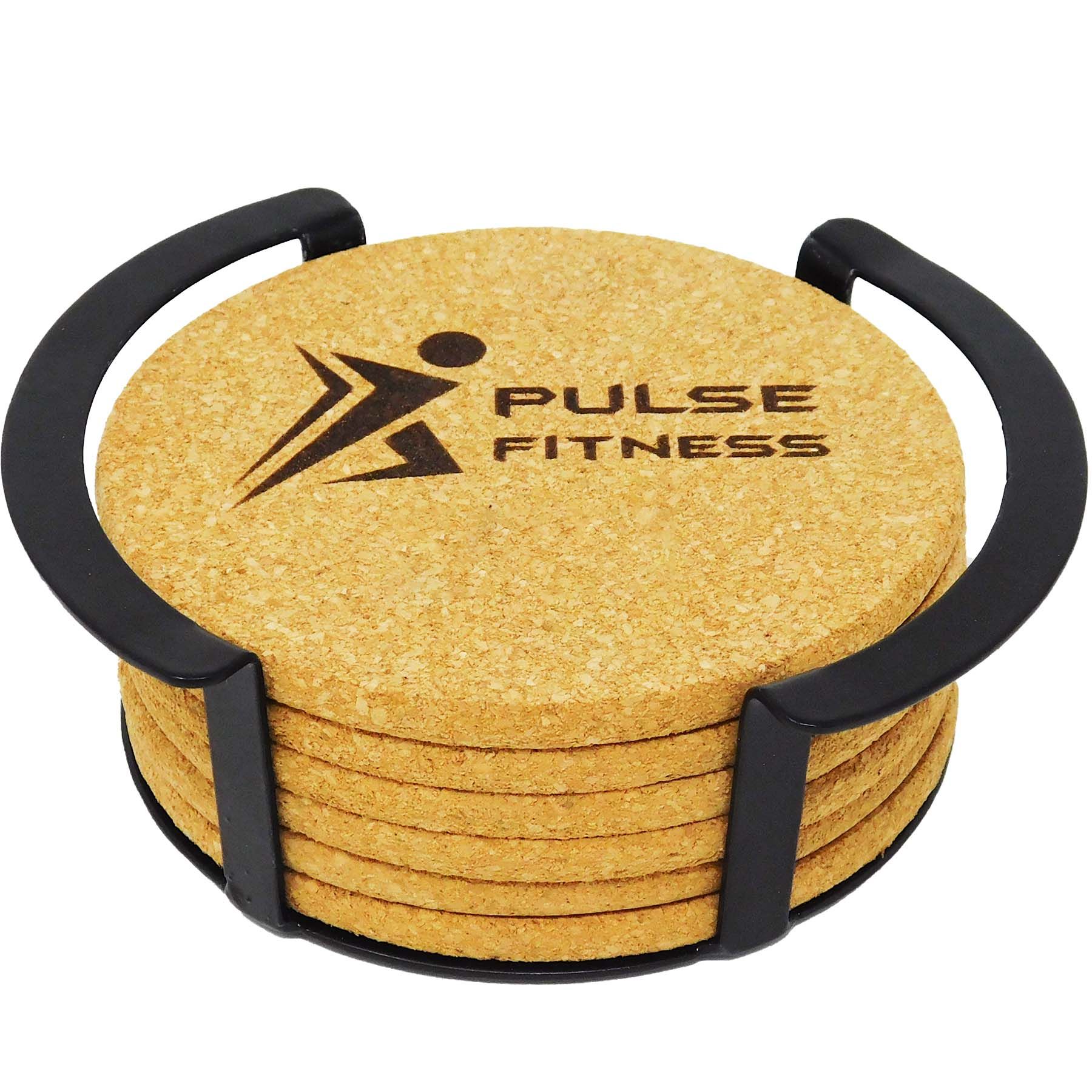 Picture of 6 Pc. Round Cork Coaster Set with Black Metal Stand