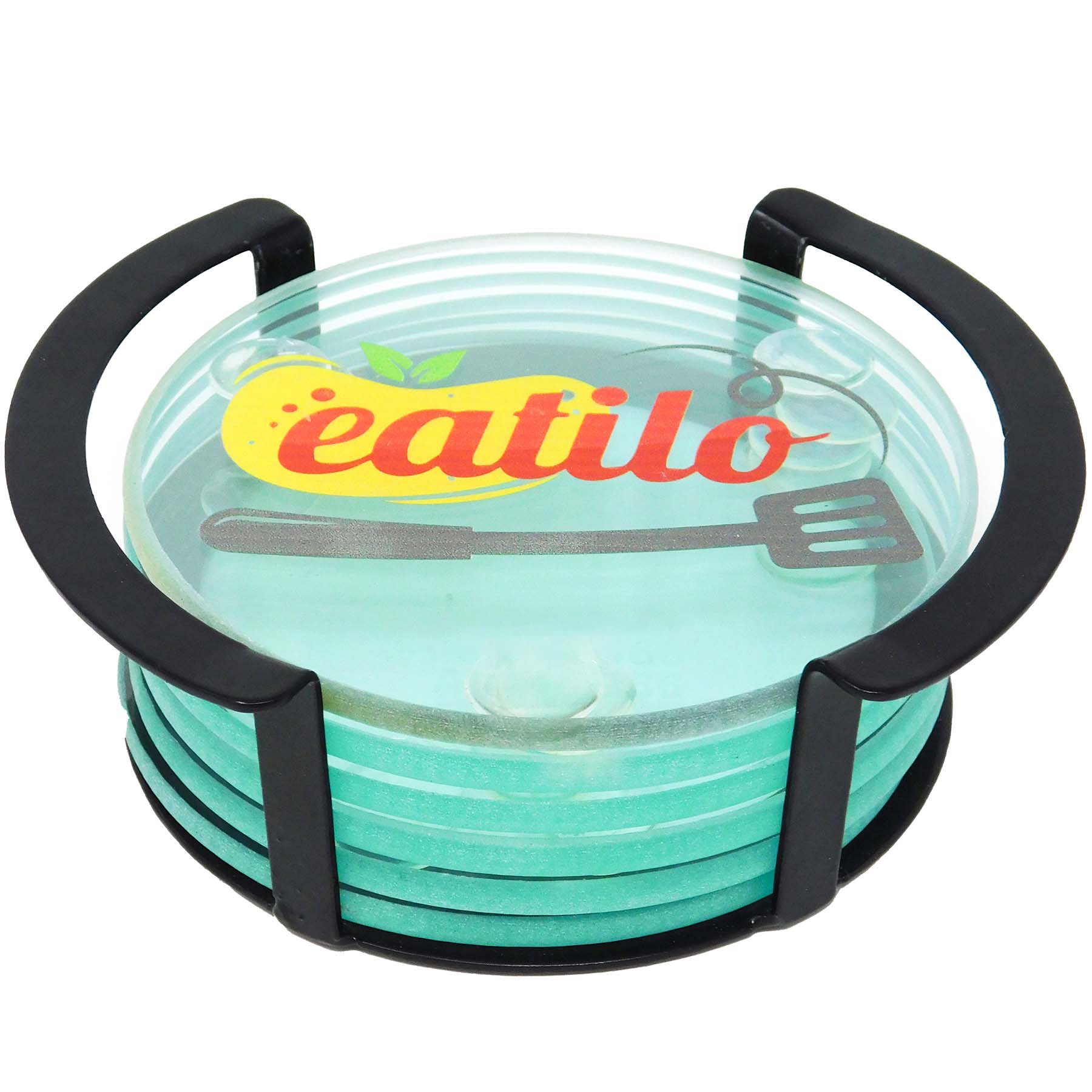 Picture of 6 Piece Glass Coaster Set in Metal Stand: Round