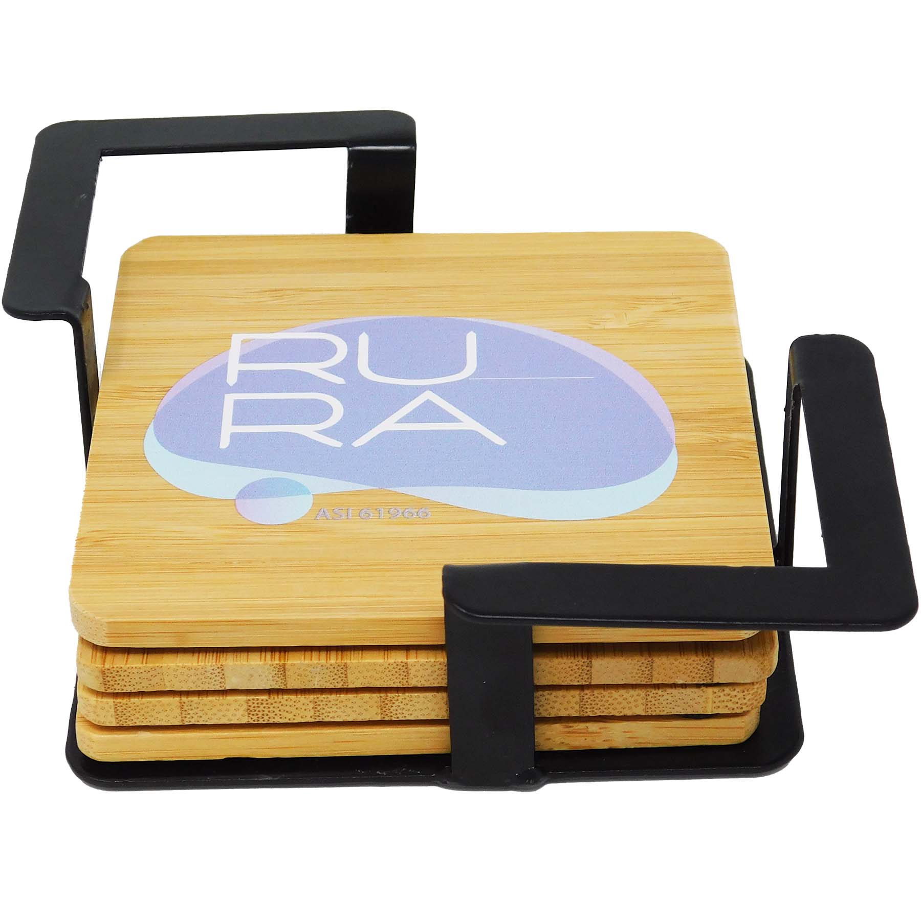 Picture of 4 Pc. Bamboo Square Coaster Set with Black Metal Stand