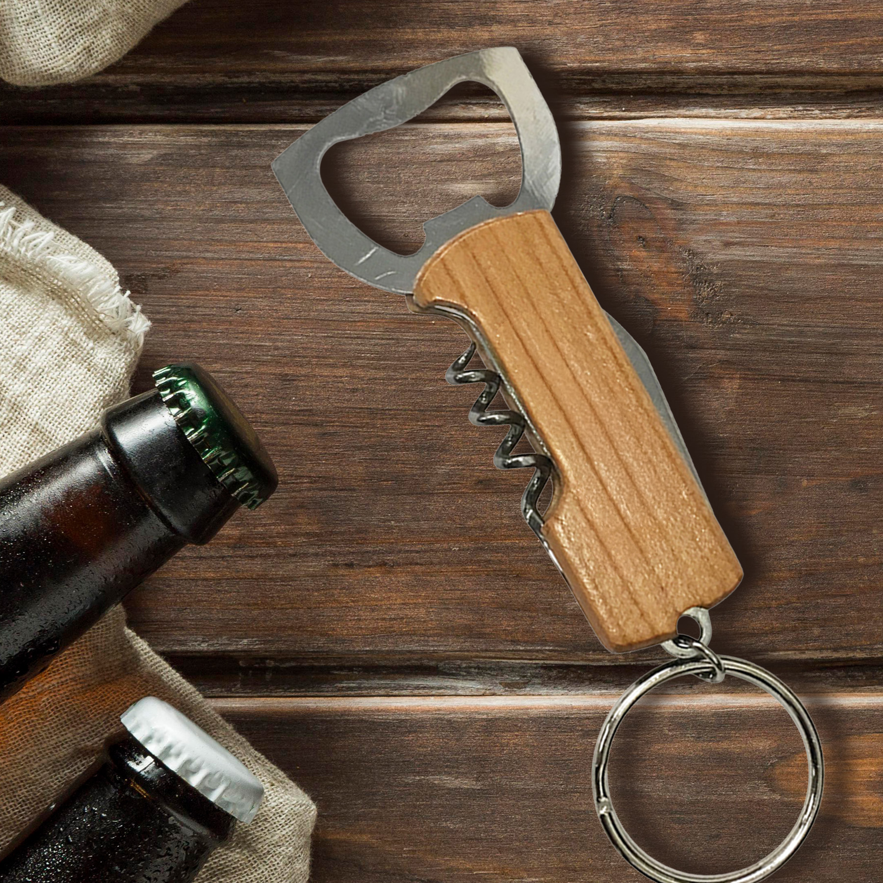 Picture of Wood Bottle Opener - Keychain Bottle Opener/Corkscrew Combo