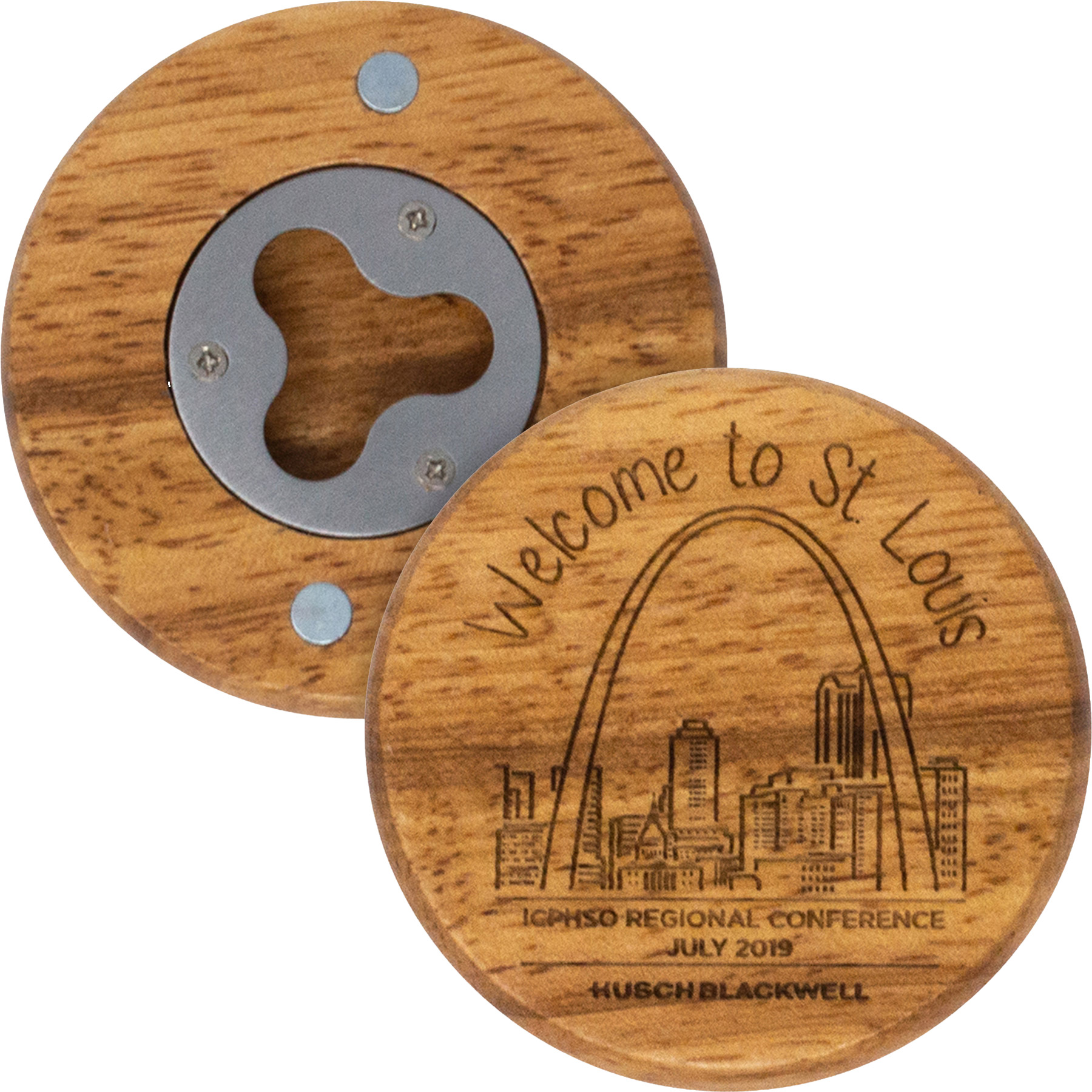 Picture of Wood Bottle Opener - Round With Metal Jaw On Back