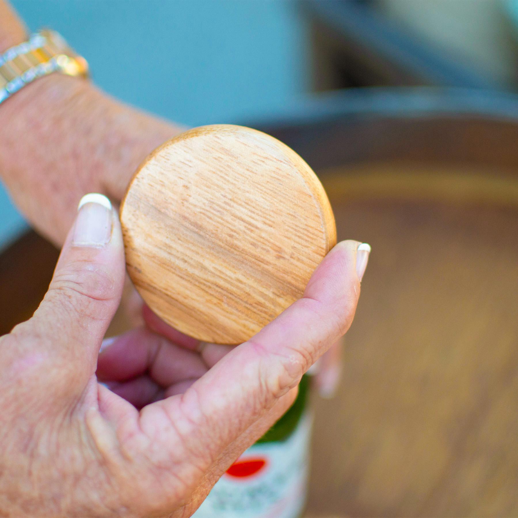 Picture of Wood Bottle Opener - Round With Metal Jaw On Back