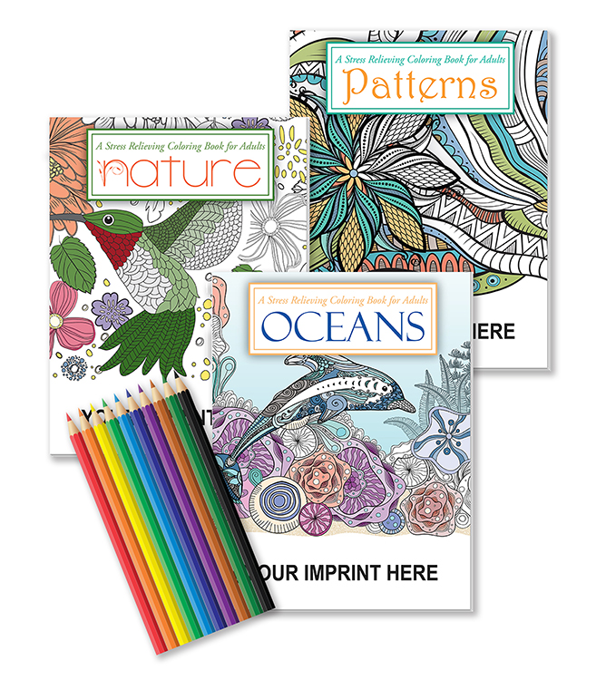 Picture of Gift Pack - 3 Stress Relieving Coloring Books for Adults + 10-Pack of Colored Pencils