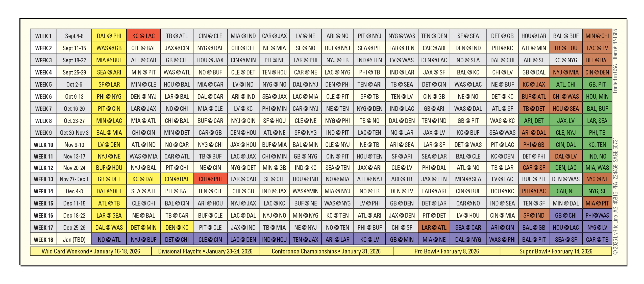 Picture of Pro Football Season Schedule Pocket Pamphlet