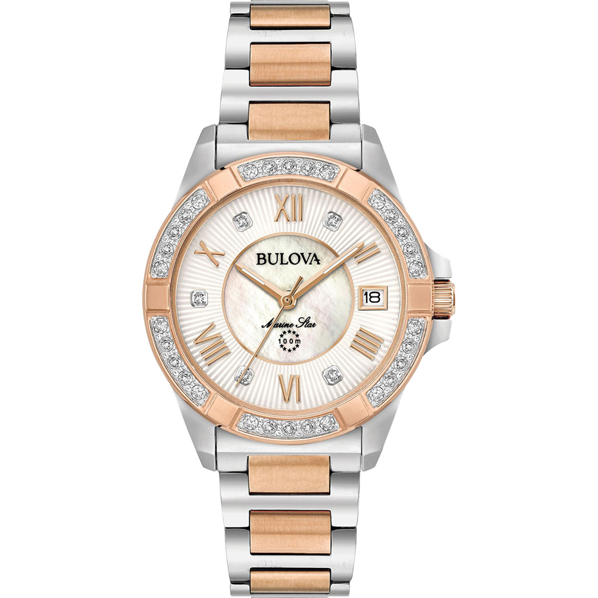 Picture of Bulova Watches Women's Marine Star Diamond White MOP Dial Two Tone Rose Gold Steel Watch