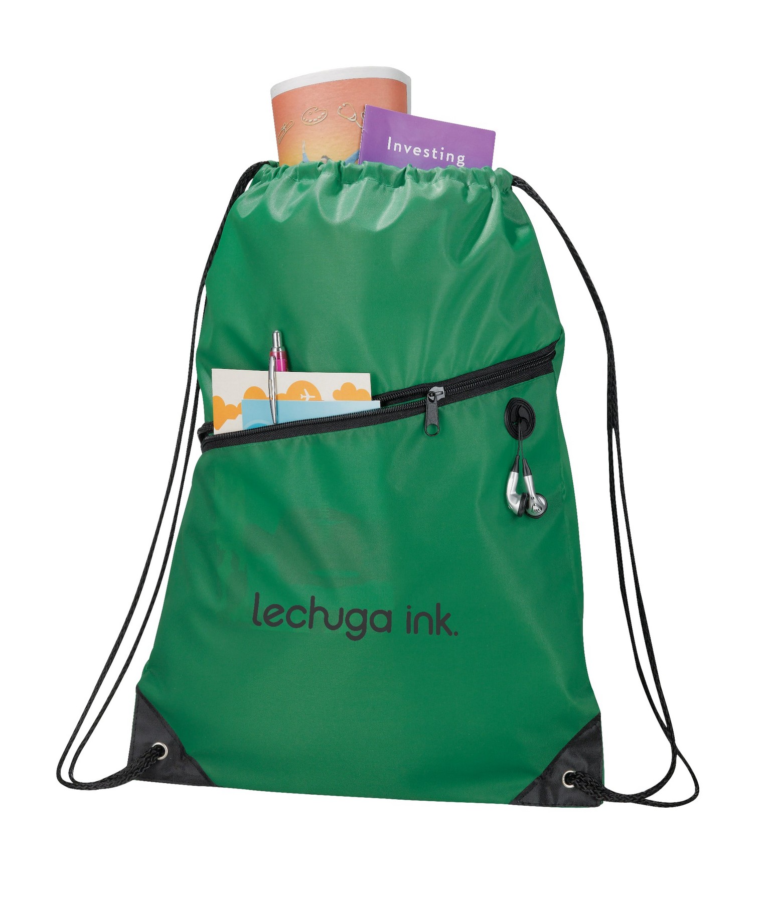 Picture of Robin Drawstring Polyester Bag with Front Zipper Pocket