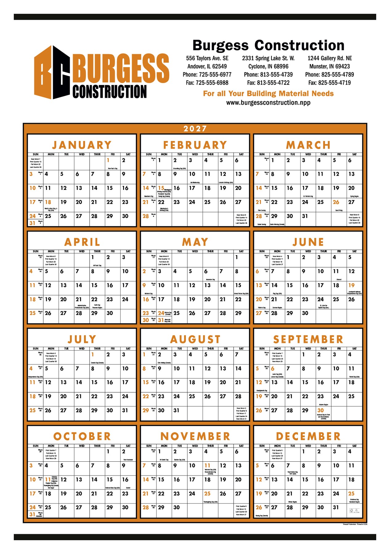 Picture of Triumph® Calendars Small Quantity Custom Span-A-Year Calendar