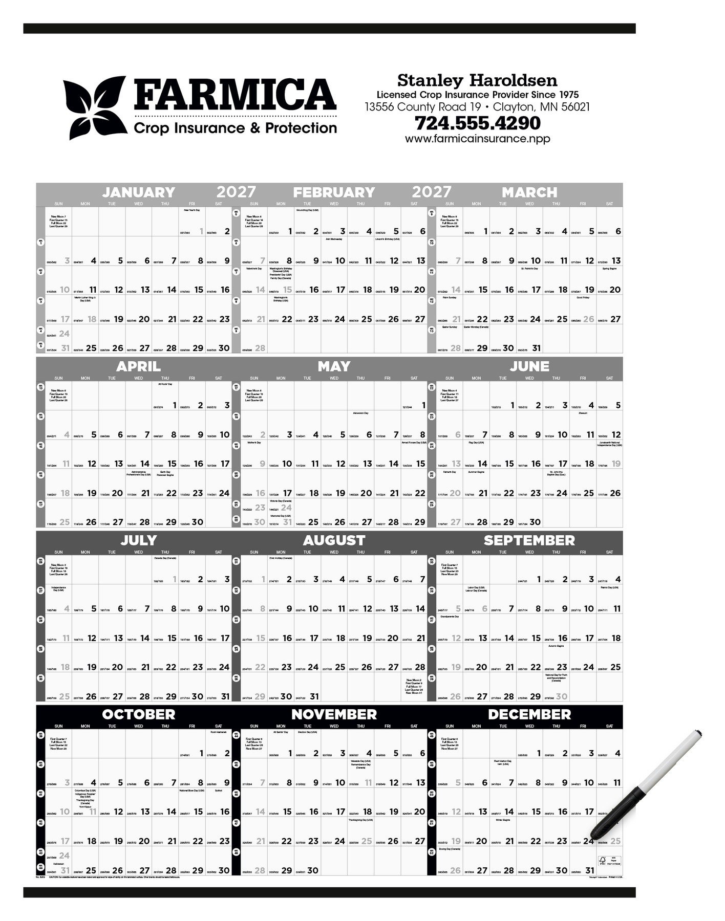 Picture of Triumph® Calendars Black & White Time Management Span-A-Year Laminated w/Marker Calendar