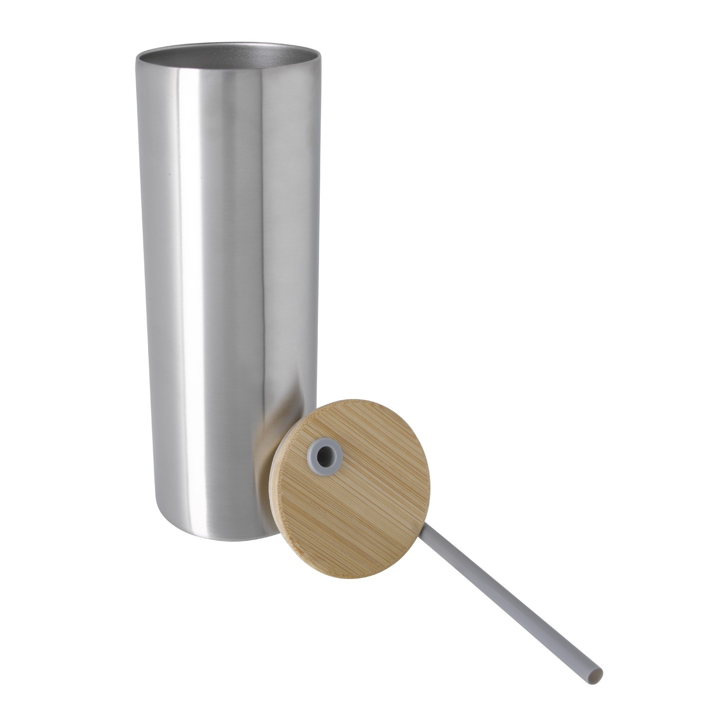 Picture of Good Value™ Double-Wall Stainless Steel Tumbler with Bamboo Lid and Straw - 20 oz.